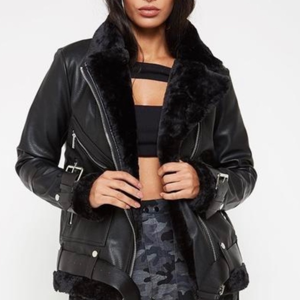 Maniere De Voir ZIP DETAIL SHEARLING BIKER JACKET - BLACK - M New Never Wore